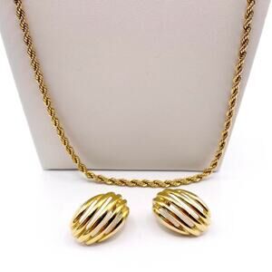 Vintage Necklace Braid Twisted Chain and Earrings Studs Golden Tone High Shine